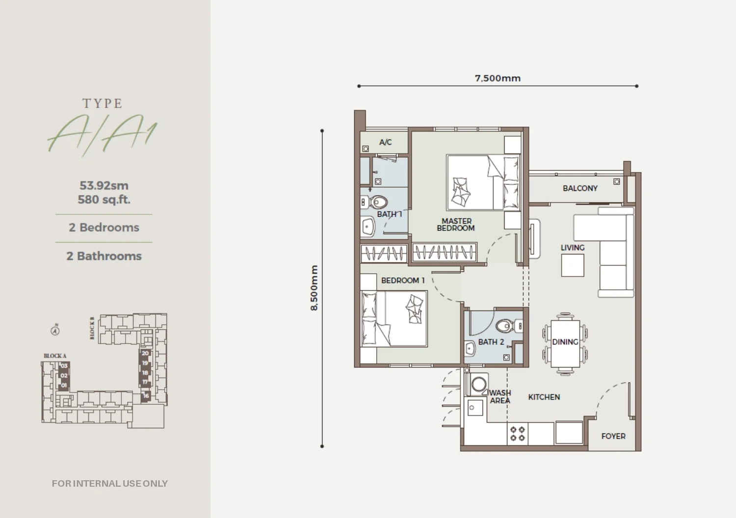 D'Parc Type A floor plan, 2-bed 580 sq ft