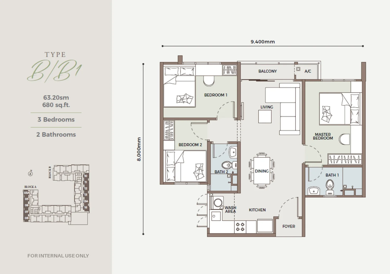 D'Parc Type B floor plan, 3-bed 680 sq ft
