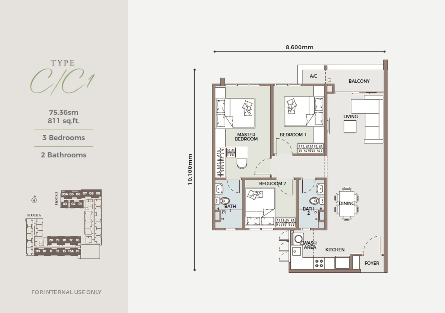D'Parc Type C floor plan, 3-bed park-view 811 sq ft