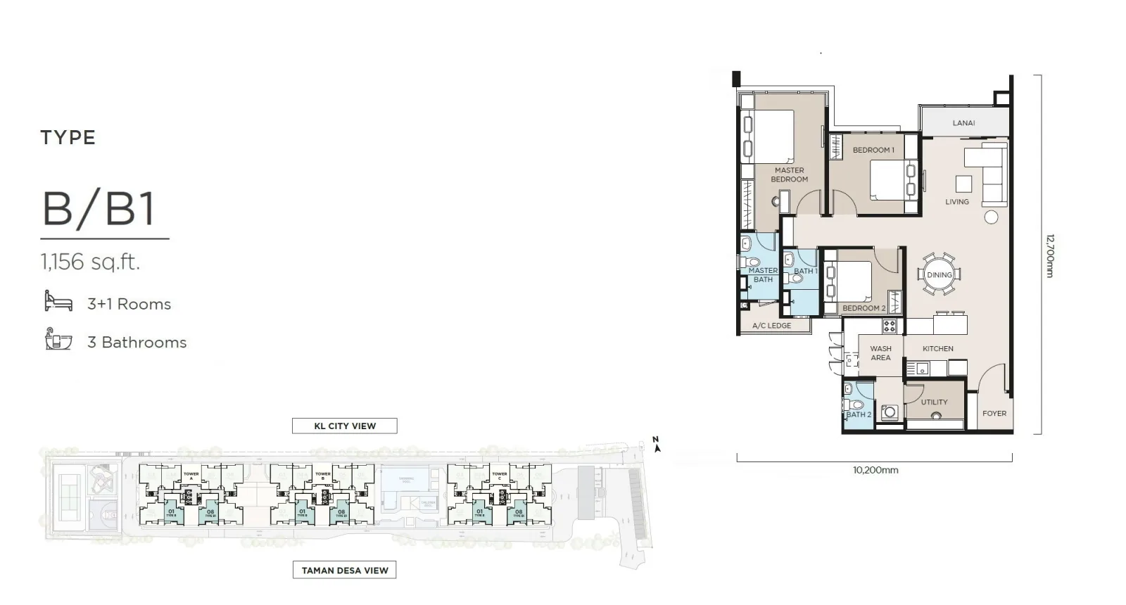 The Atas Type A and B 1,156 sq ft floor plan