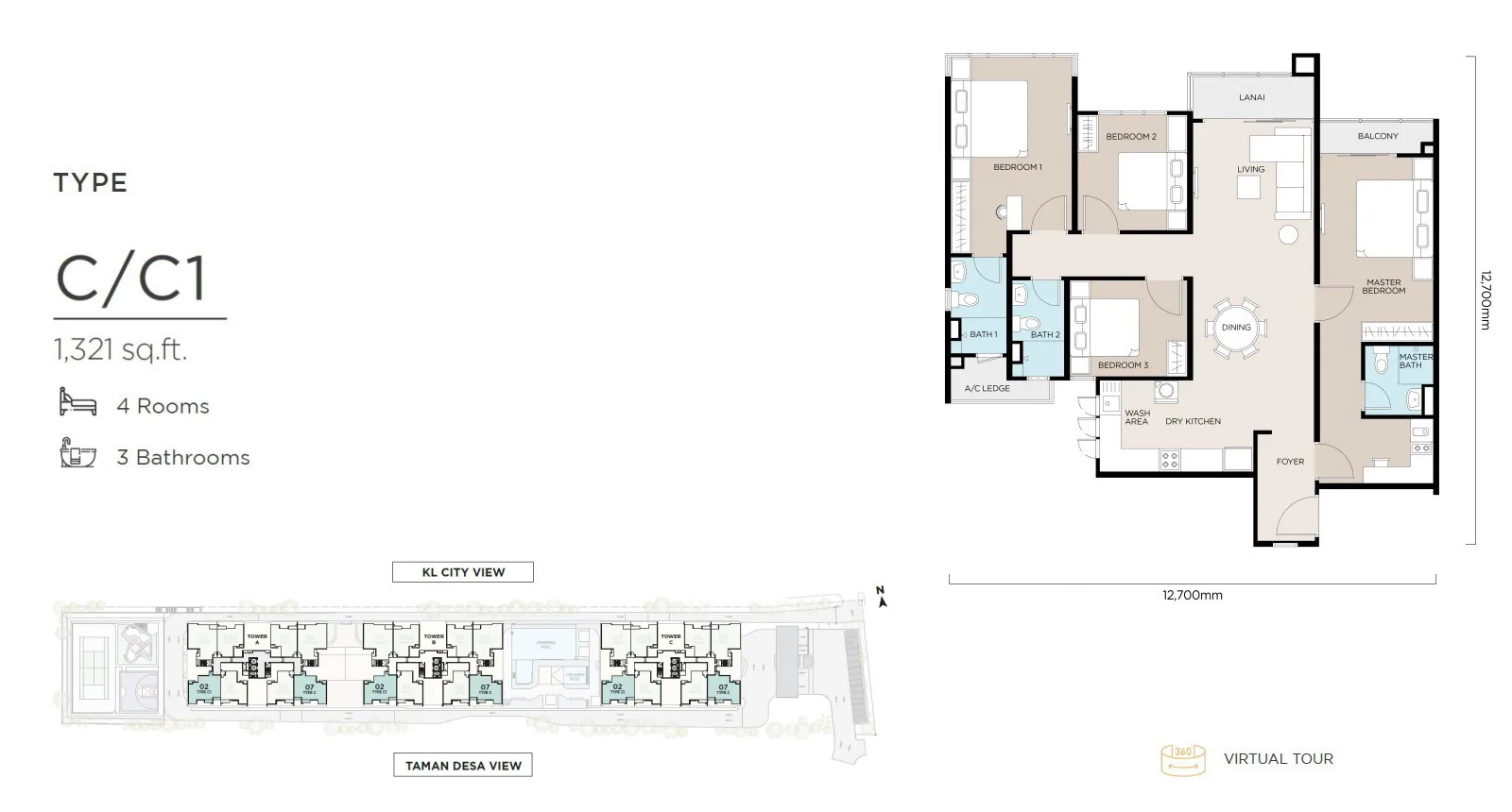 The Atas Type C 1,321 sq ft floor plan