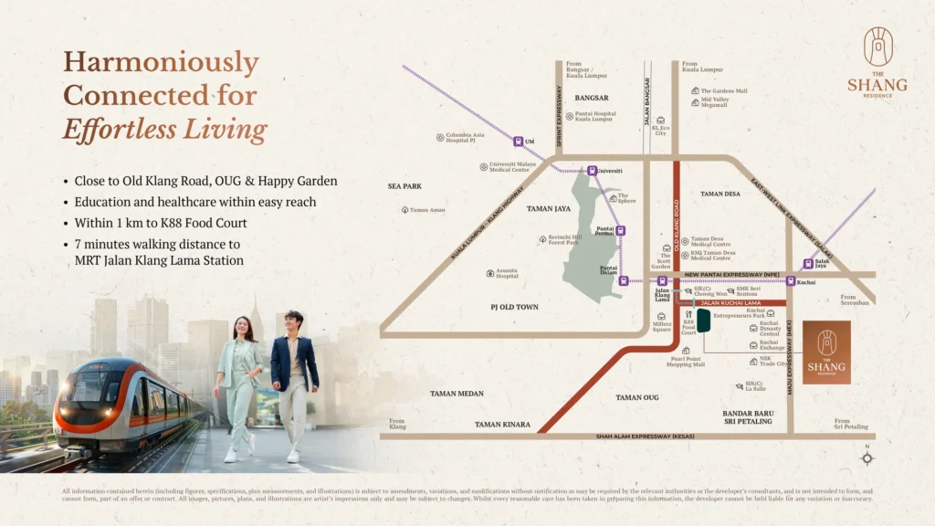 The Shang Residence location map showing a 650 m, 7-minute walk to the MRT3 Jalan Klang Lama station in Kuchai Lama, Kuala Lumpur
