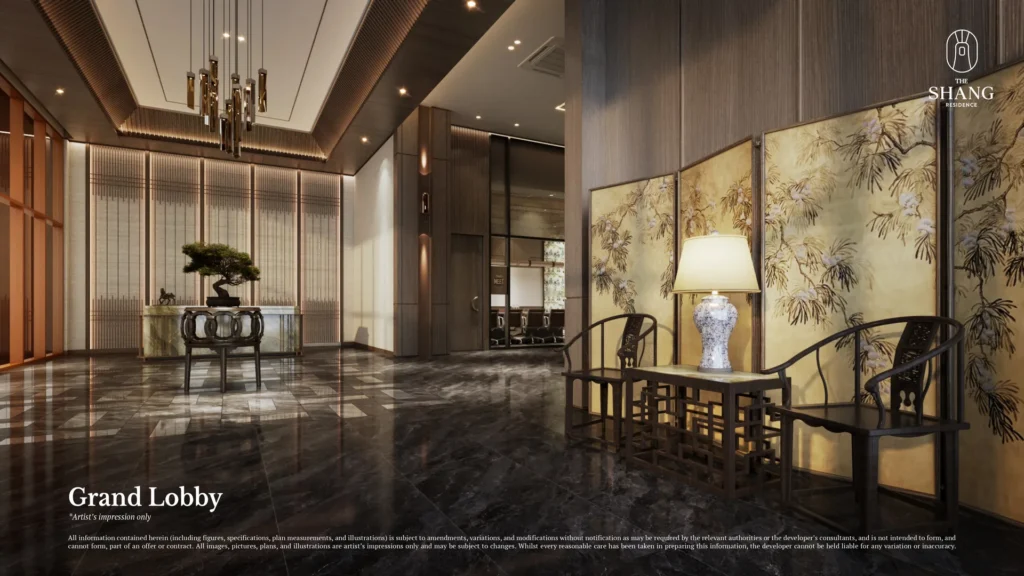 The Shang Residence Level G arrival lobby and Welcome Lounge with stone and timber finishes, Kuchai Lama, Kuala Lumpur