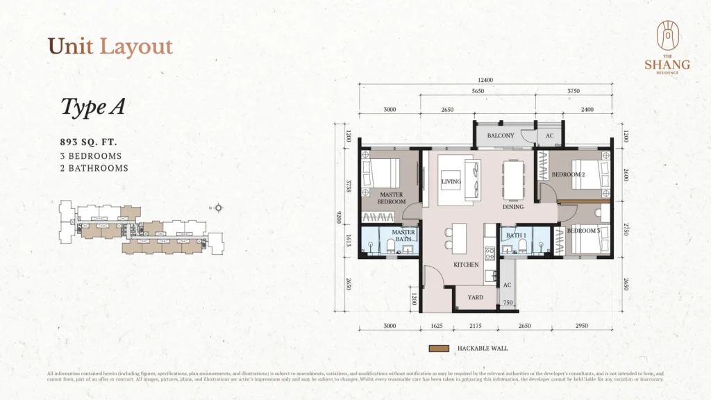 The Shang Residence Type A floor plan, 893 sq ft 3-bedroom 2-bathroom layout, Kuchai Lama, Kuala Lumpur