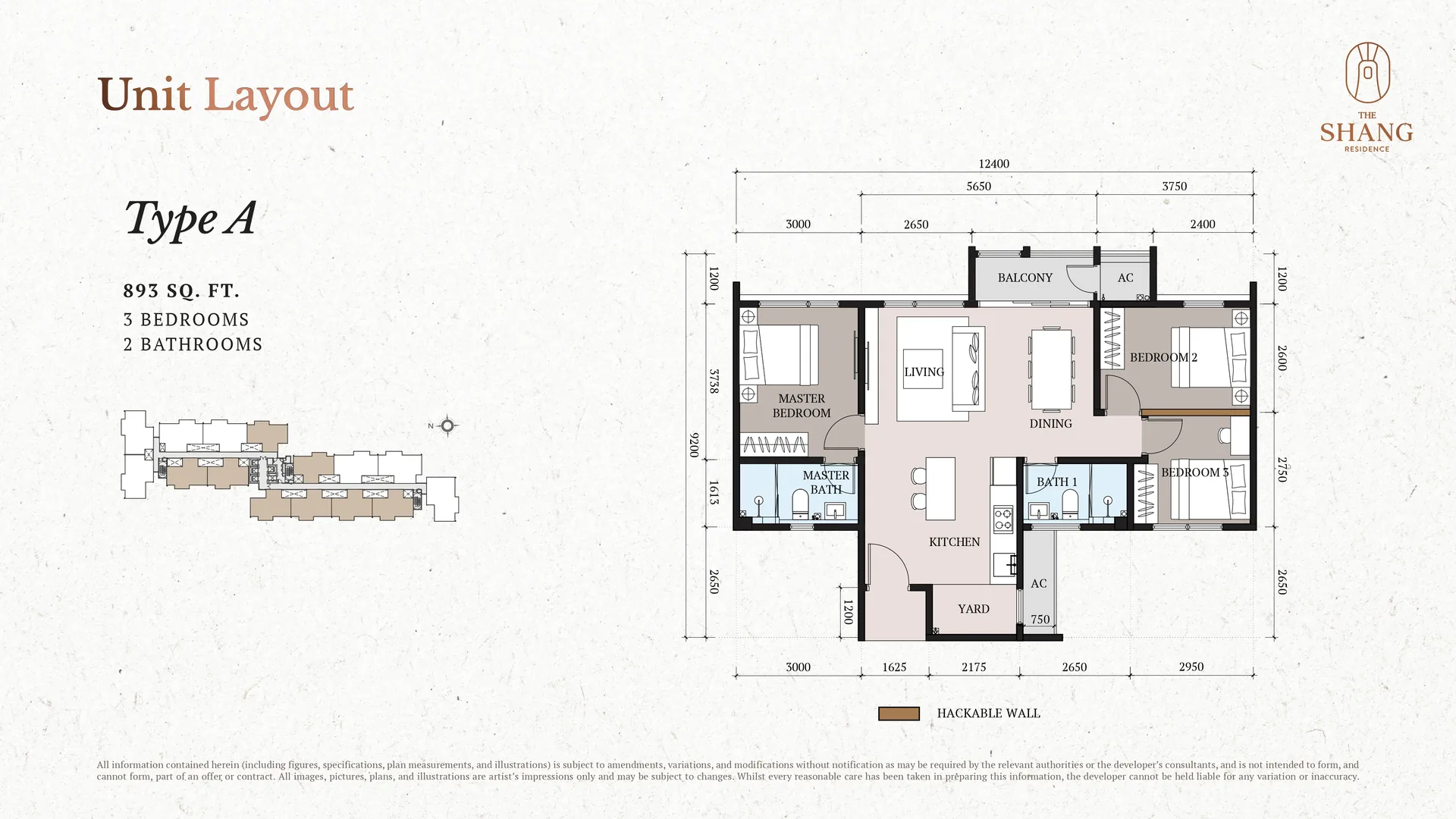 The Shang Residence Type A floor plan, 893 sq ft 3-bedroom 2-bathroom layout, Kuchai Lama, Kuala Lumpur