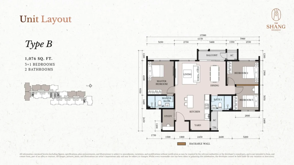 The Shang Residence Type B floor plan, 1,076 sq ft 3+1 bedroom 2-bathroom layout, Kuchai Lama, Kuala Lumpur
