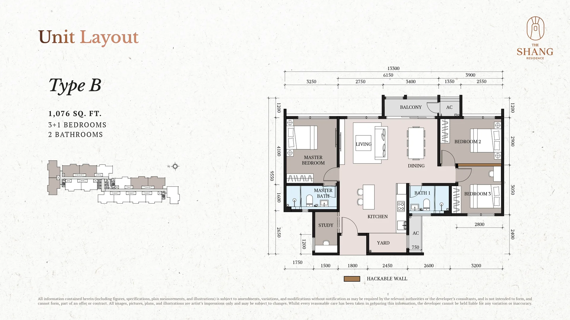 The Shang Residence Type B floor plan, 1,076 sq ft 3+1 bedroom 2-bathroom layout, Kuchai Lama, Kuala Lumpur