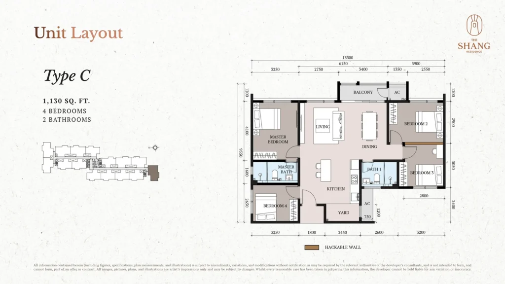 The Shang Residence Type C floor plan, 1,130 sq ft 4-bedroom 2-bathroom layout, Kuchai Lama, Kuala Lumpur
