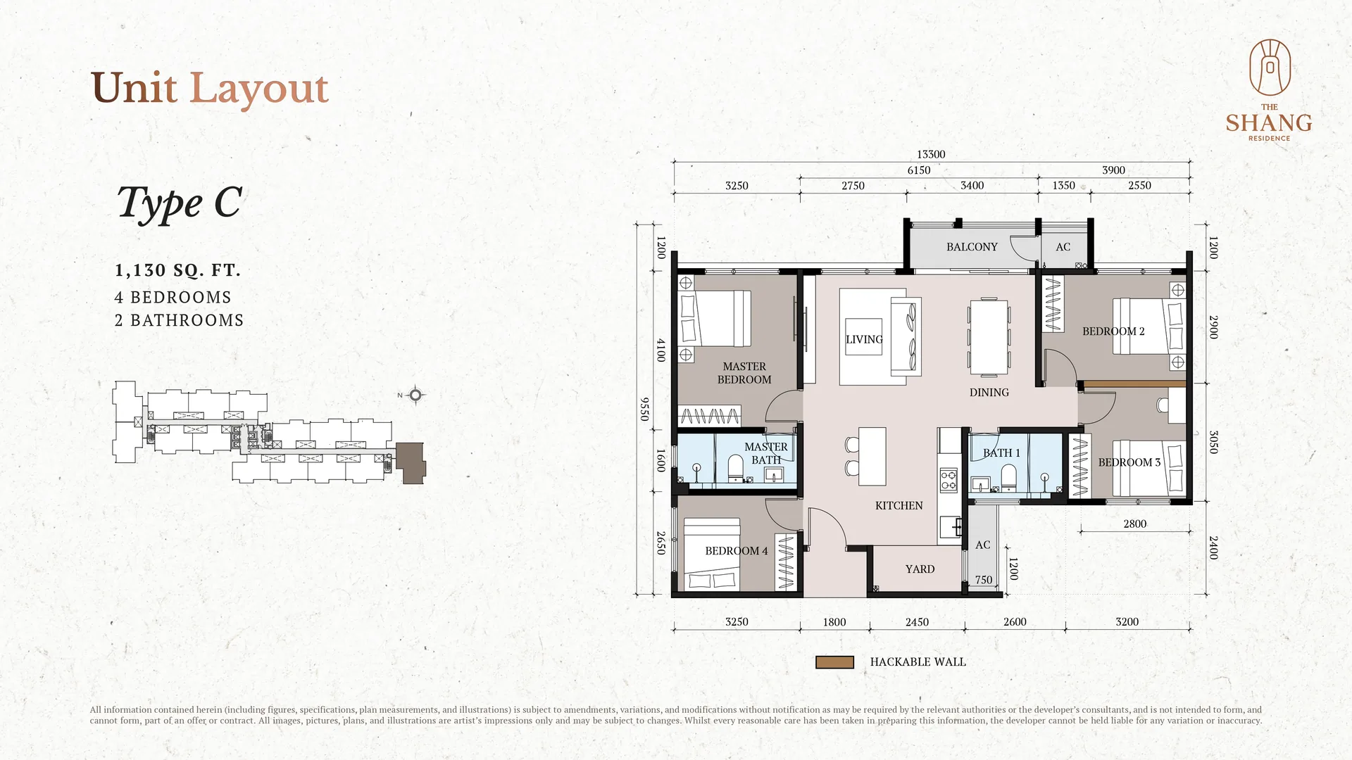 The Shang Residence Type C floor plan, 1,130 sq ft 4-bedroom 2-bathroom layout, Kuchai Lama, Kuala Lumpur